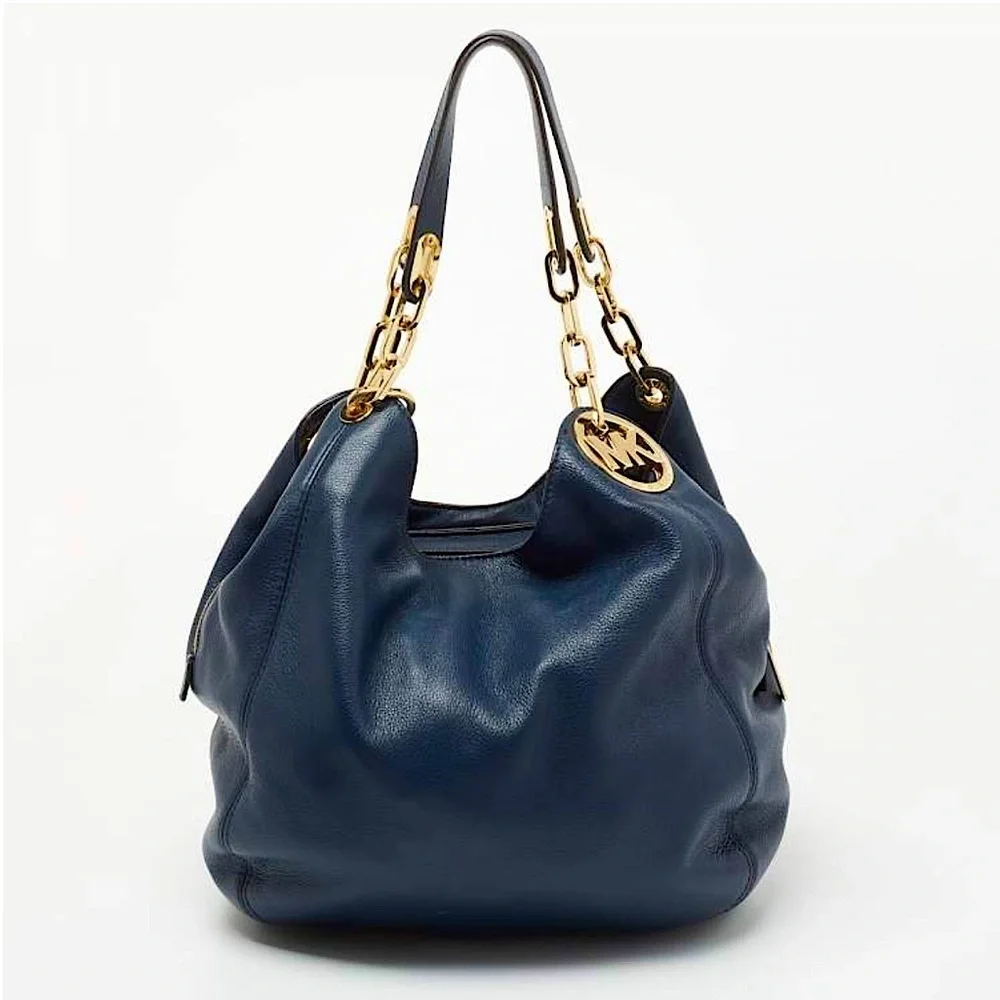 Michael Kors Large Fulton Triple Compartment Hobo Shoulder Bag Navy Leather Gold